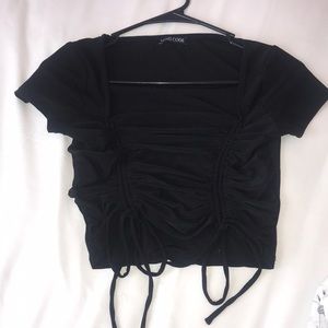 Cropped black string tie top